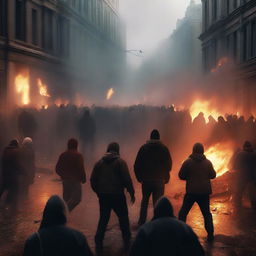 A high-quality digital art image vividly capturing a riot in a city street