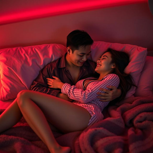 An intimate scene in a cozy bedroom at night, featuring a Chinese man lying down while affectionately hugging a beautiful, sexy woman wearing stylish pajamas