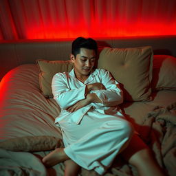An intimate scene in a cozy bedroom at night, featuring a Chinese man lying down while affectionately hugging a beautiful, sexy woman wearing stylish pajamas
