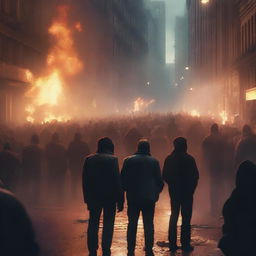 A high-quality digital art image vividly capturing a riot in a city street