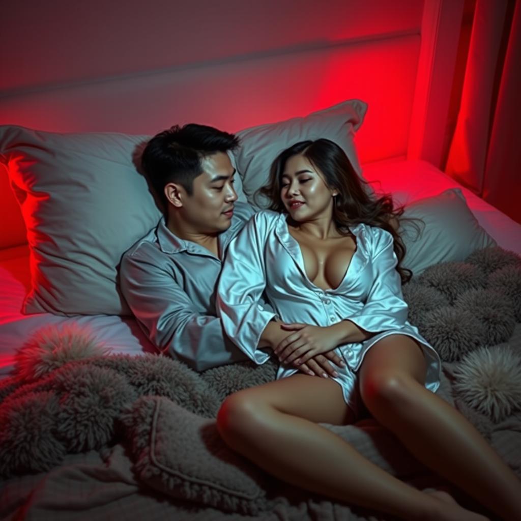 A cozy and intimate night scene in a warmly lit bedroom, featuring a Chinese man lying down while gently hugging a beautiful, sexy woman dressed in chic pajamas