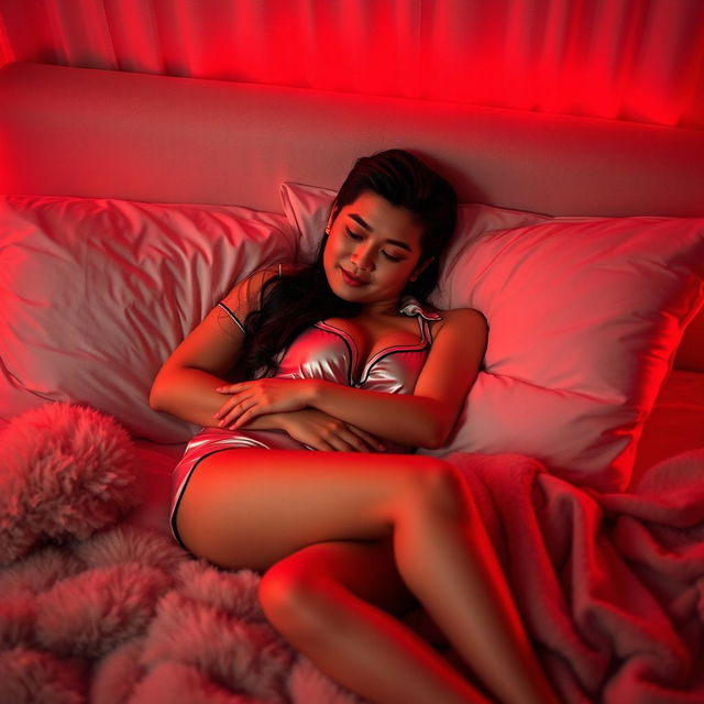 A cozy and intimate night scene in a warmly lit bedroom, featuring a Chinese man lying down while gently hugging a beautiful, sexy woman dressed in chic pajamas