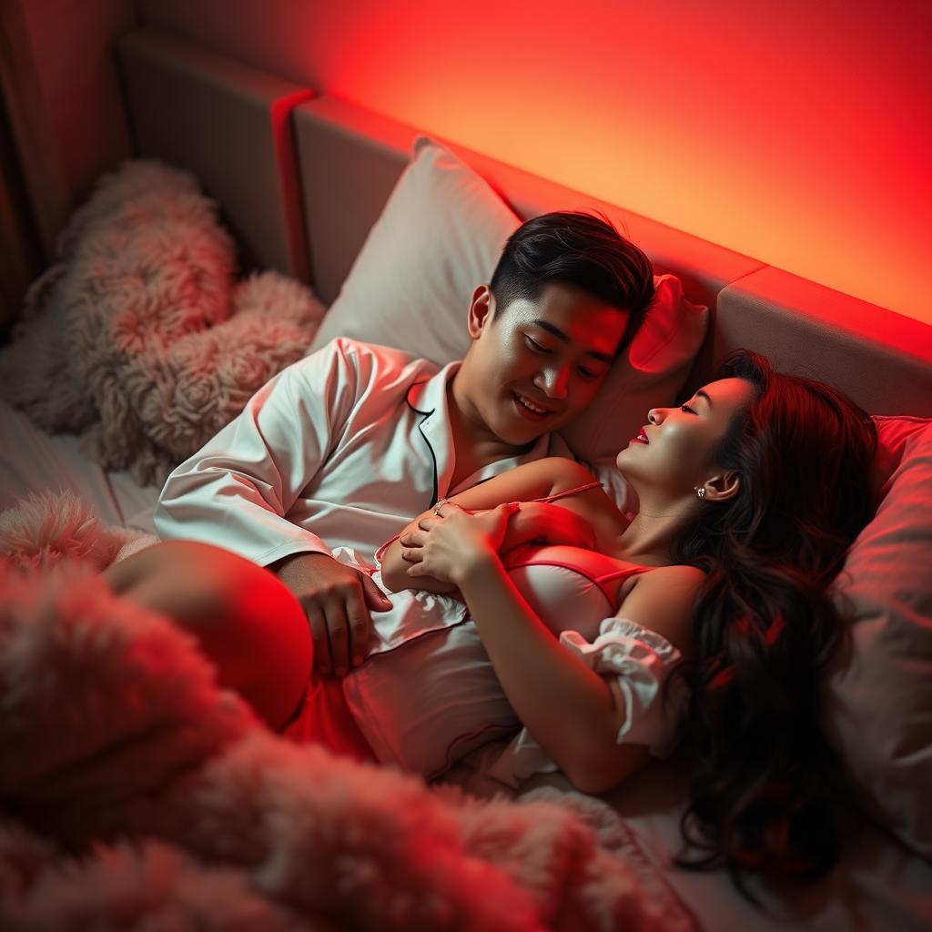 A cozy and intimate night scene in a warmly lit bedroom, featuring a Chinese man lying down while gently hugging a beautiful, sexy woman dressed in chic pajamas