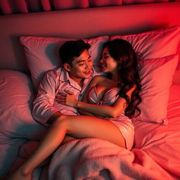A cozy and intimate night scene in a warmly lit bedroom, featuring a Chinese man lying down while gently hugging a beautiful, sexy woman dressed in chic pajamas