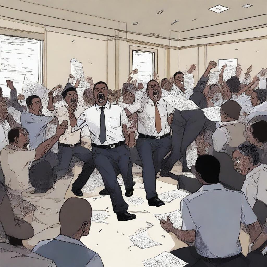 This is a high-quality digital art image depicting a riot in a government office