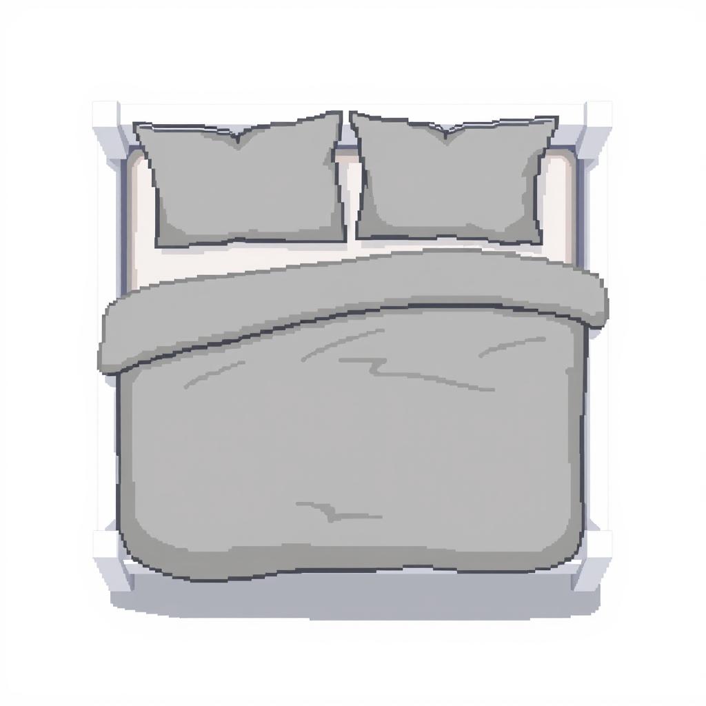 A top-down pixel art illustration of a cozy bed featuring a plastic white frame
