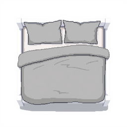 A top-down pixel art illustration of a cozy bed featuring a plastic white frame