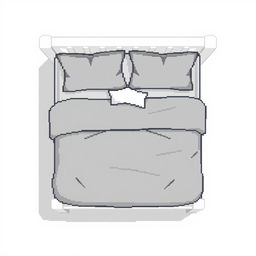 A top-down pixel art illustration of a cozy bed featuring a plastic white frame