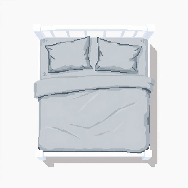 A top-down pixel art illustration of a cozy bed featuring a plastic white frame