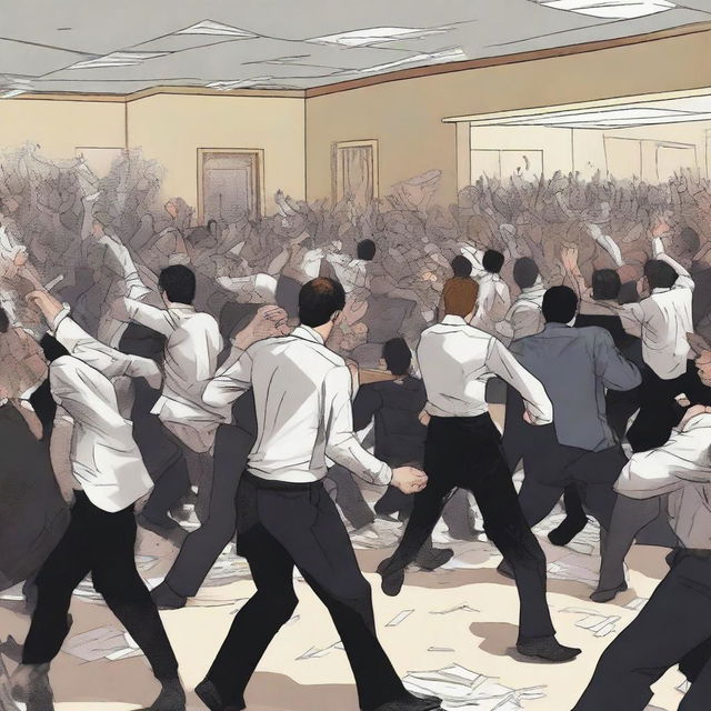 This is a high-quality digital art image depicting a riot in a government office