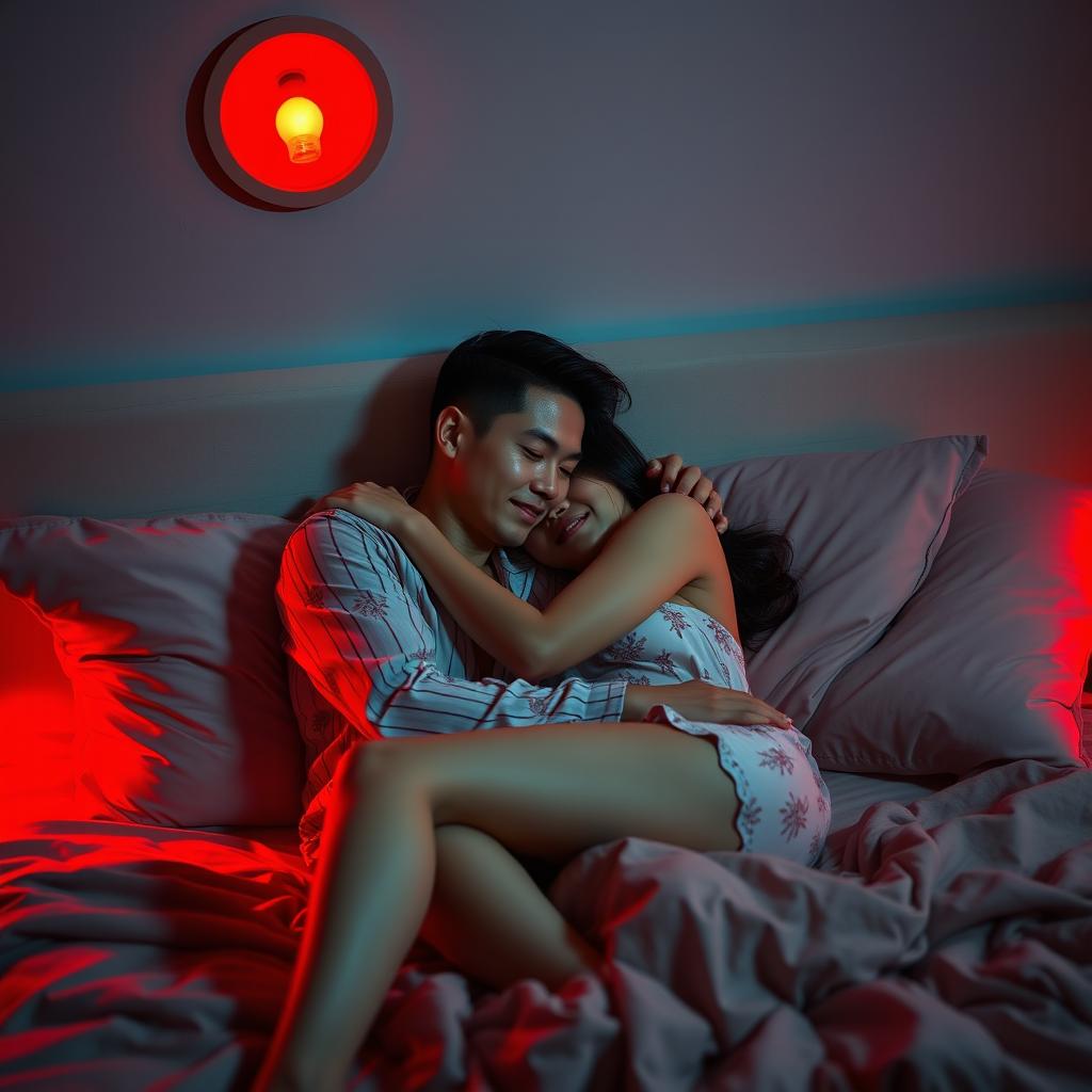 An intimate and cozy bedroom scene at night, featuring a Chinese man lying down while lovingly hugging a beautiful, sexy woman dressed in stylish pajamas