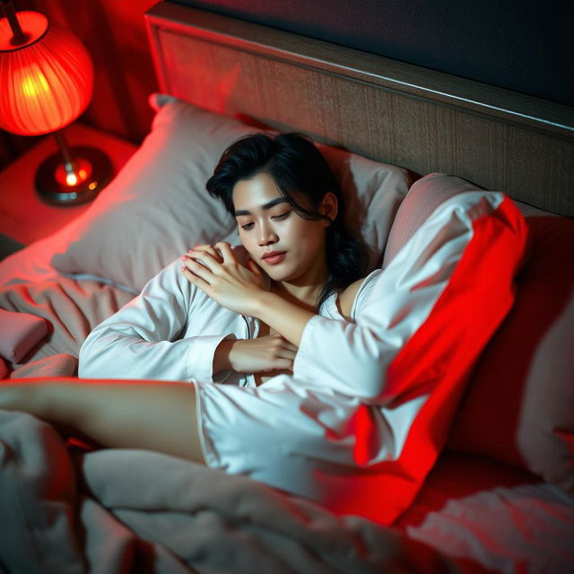 A serene and intimate scene set in a cozy bedroom at night, showcasing a Chinese man lying down while gently embracing a beautiful, sexy woman clad in elegant pajamas