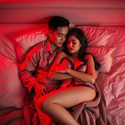 A warm and intimate scene in a softly lit bedroom, depicting a Chinese man lying down while tenderly hugging a beautiful, sexy woman dressed in fashionable pajamas