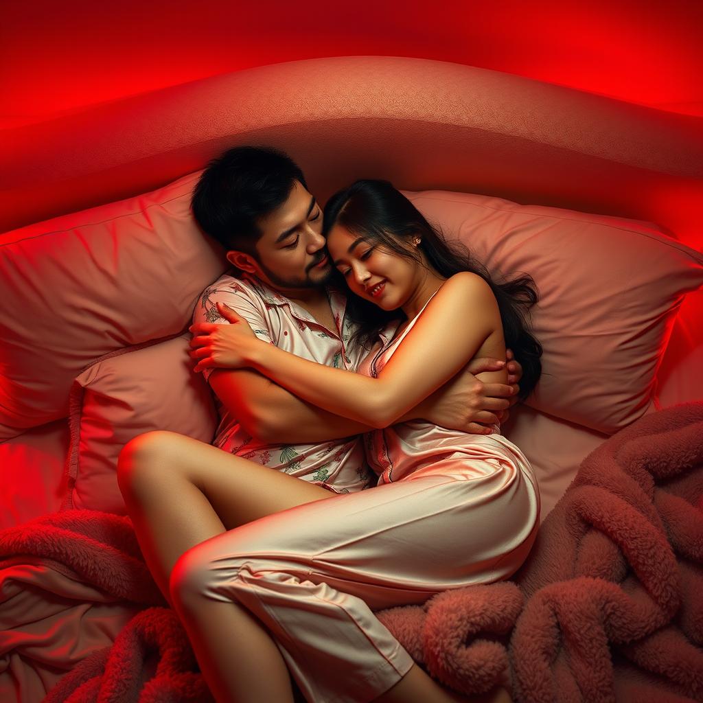 A warm and intimate scene in a softly lit bedroom, depicting a Chinese man lying down while tenderly hugging a beautiful, sexy woman dressed in fashionable pajamas