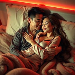 A warm and intimate scene in a softly lit bedroom, depicting a Chinese man lying down while tenderly hugging a beautiful, sexy woman dressed in fashionable pajamas