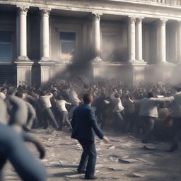 A hyper-realistic, high-quality 3D render depicting a riot unfolding in a government office