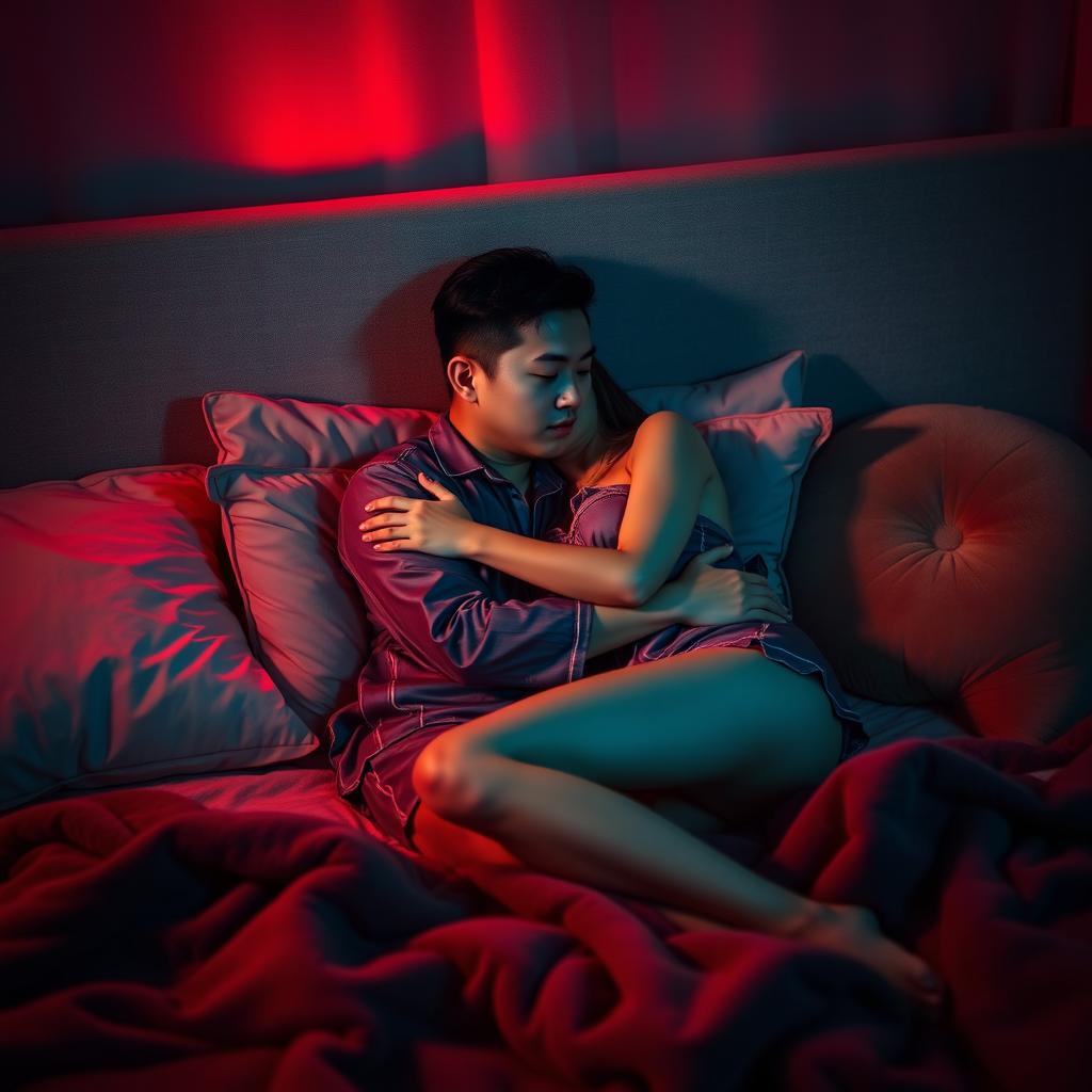 A romantic and cozy bedroom scene at night, where a Chinese man is lying down, lovingly hugging a beautiful, sexy woman dressed in fashionable pajamas