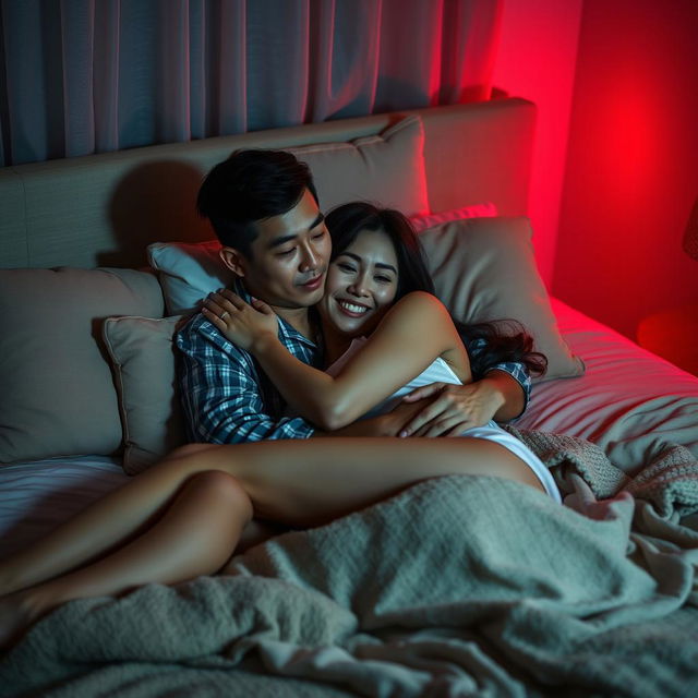 A romantic and cozy bedroom scene at night, where a Chinese man is lying down, lovingly hugging a beautiful, sexy woman dressed in fashionable pajamas
