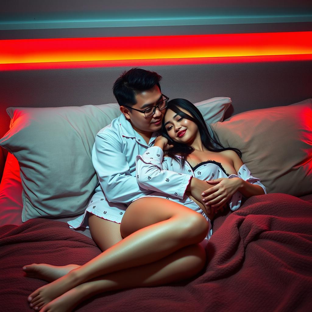 A romantic and cozy bedroom scene at night, where a Chinese man is lying down, lovingly hugging a beautiful, sexy woman dressed in fashionable pajamas