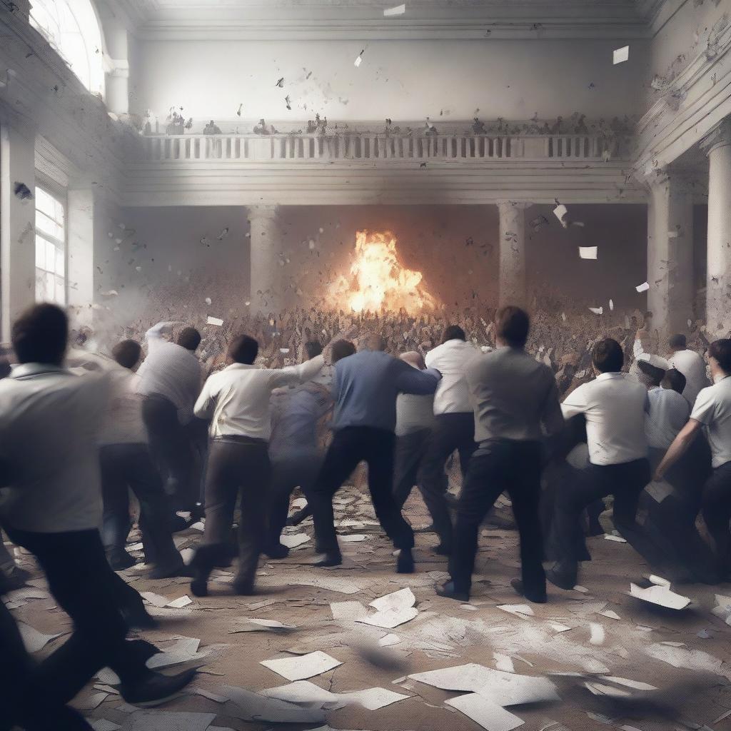 A hyper-realistic, high-quality 3D render depicting a riot unfolding in a government office