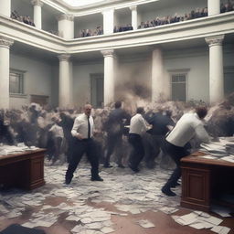 A hyper-realistic, high-quality 3D render depicting a riot unfolding in a government office