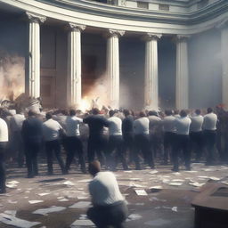 A hyper-realistic, high-quality 3D render depicting a riot unfolding in a government office