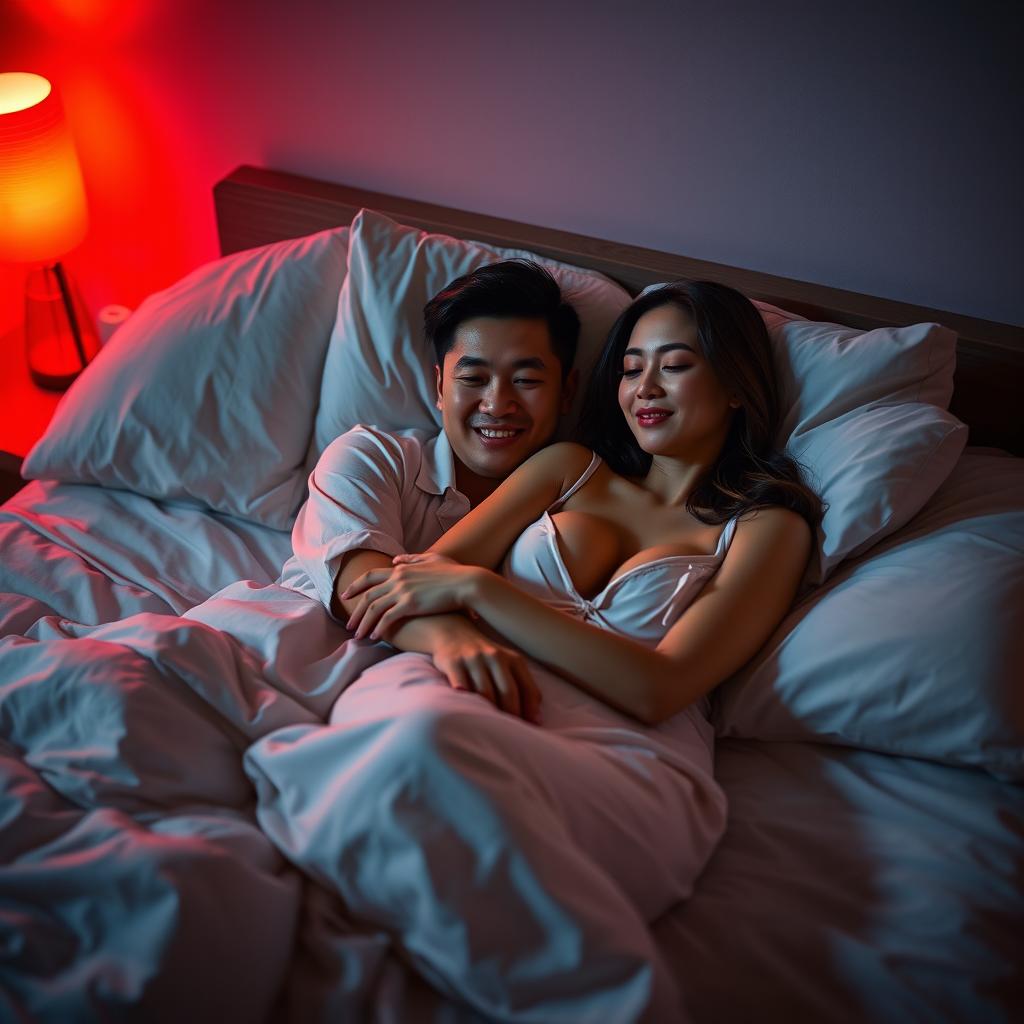 A serene bedroom scene at night, featuring a Chinese man lying in bed, gently hugging a beautiful, sexy woman who is wearing soft, comfortable pajamas