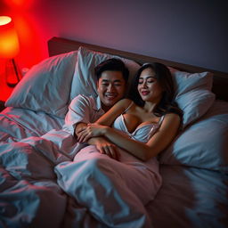 A serene bedroom scene at night, featuring a Chinese man lying in bed, gently hugging a beautiful, sexy woman who is wearing soft, comfortable pajamas