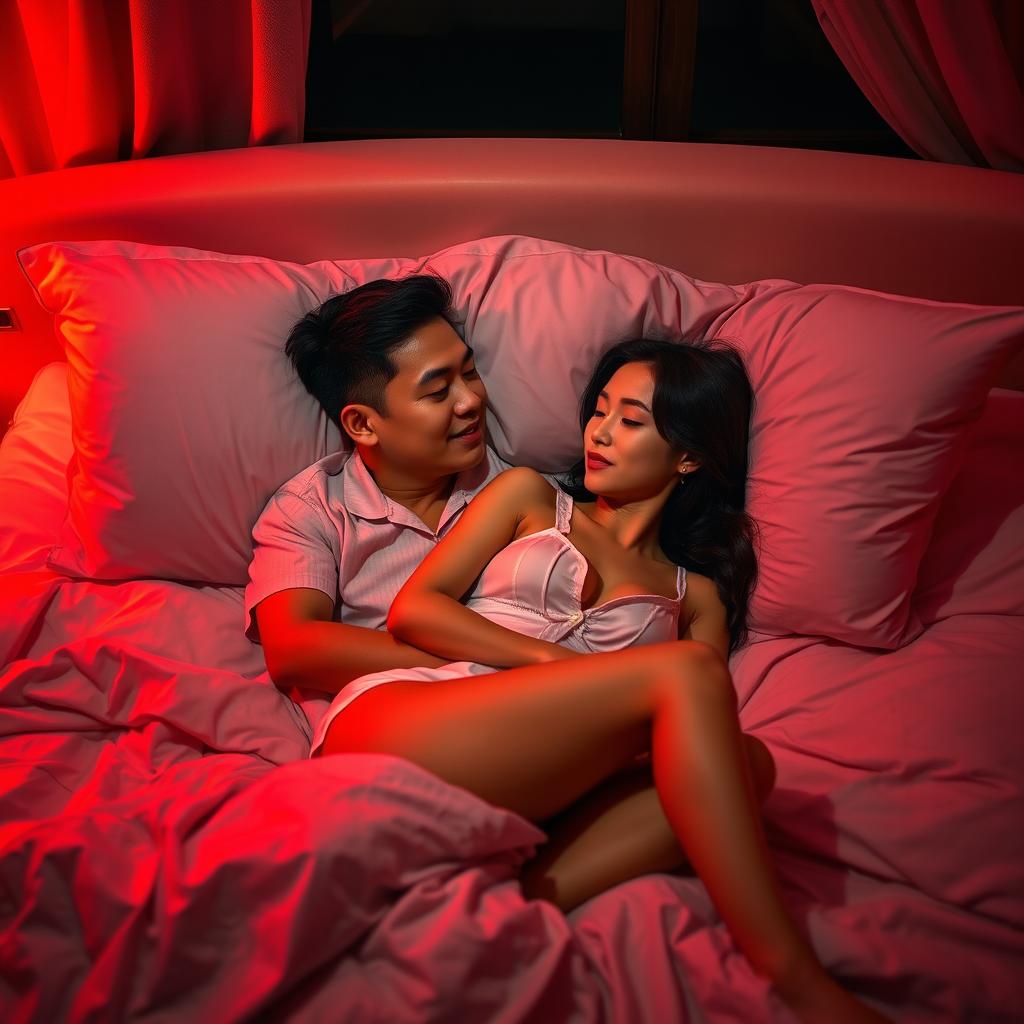A cozy bedroom setting at night, showcasing a Chinese man comfortably lying in bed, embracing a beautiful, sexy woman dressed in soft pajamas