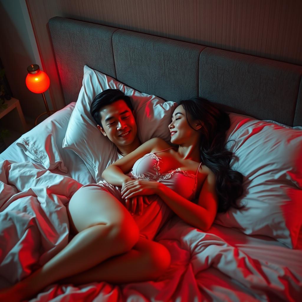 A cozy bedroom setting at night, showcasing a Chinese man comfortably lying in bed, embracing a beautiful, sexy woman dressed in soft pajamas