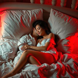 A cozy bedroom setting at night, showcasing a Chinese man comfortably lying in bed, embracing a beautiful, sexy woman dressed in soft pajamas