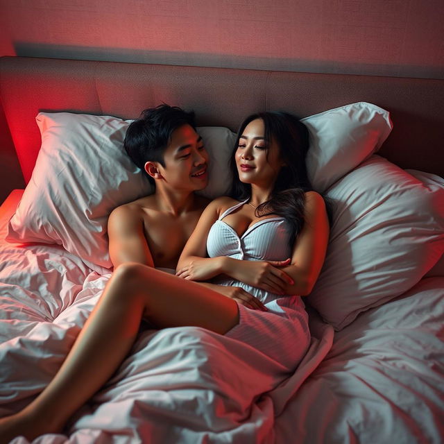 A cozy bedroom setting at night, showcasing a Chinese man comfortably lying in bed, embracing a beautiful, sexy woman dressed in soft pajamas