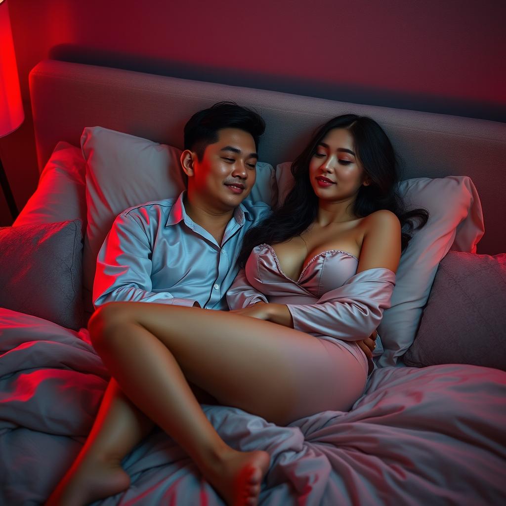 A cozy scene in a bedroom at night, featuring a Chinese man comfortably lying in bed while embracing a stunning, sexy woman in soft pajamas