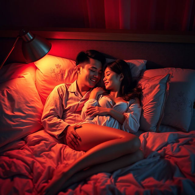 A cozy scene in a bedroom at night, featuring a Chinese man comfortably lying in bed while embracing a stunning, sexy woman in soft pajamas