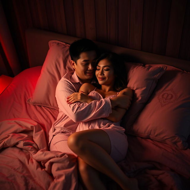 In a cozy bedroom at night, a Chinese man is lying down, warmly hugging a stunning and sexy woman dressed in soft pajamas