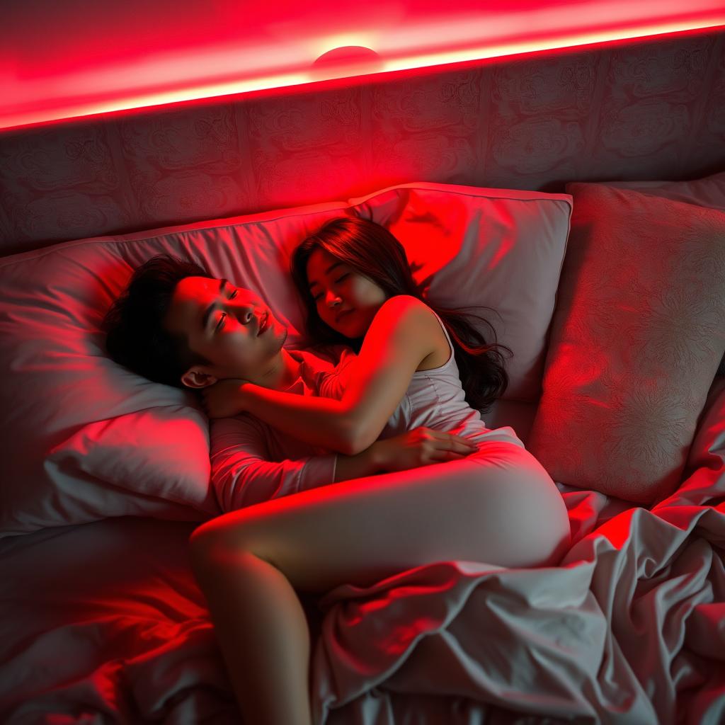In a cozy bedroom at night, a Chinese man is lying down, warmly hugging a stunning and sexy woman dressed in soft pajamas