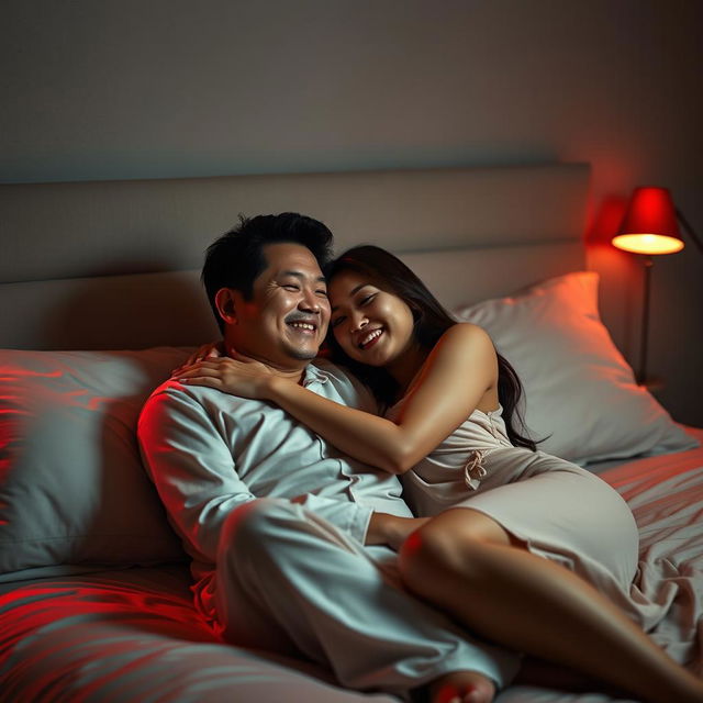 In a serene bedroom at night, a Chinese man is lying down, affectionately hugging a beautiful, sexy woman who is wearing soft, comfortable pajamas