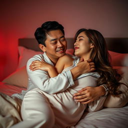 In a serene bedroom at night, a Chinese man is lying down, affectionately hugging a beautiful, sexy woman who is wearing soft, comfortable pajamas
