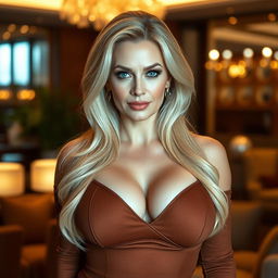 A captivating sexy dominant blonde mature MILF woman with big, voluptuous breasts, radiating confidence and sophistication