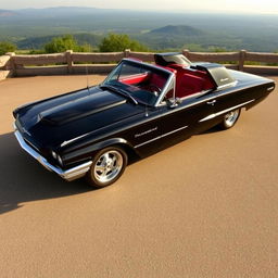 A stunning 1965 black Ford Thunderbird Hotrod, featuring sleek lines and a glossy finish, parked against a picturesque backdrop