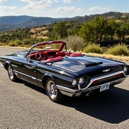A stunning 1965 black Ford Thunderbird Hotrod, featuring sleek lines and a glossy finish, parked against a picturesque backdrop