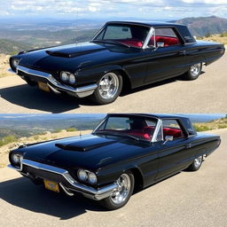 A stunning 1965 black Ford Thunderbird Hotrod, featuring sleek lines and a glossy finish, parked against a picturesque backdrop