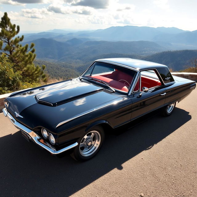 A stunning 1965 black Ford Thunderbird Hotrod, featuring sleek lines and a glossy finish, parked against a picturesque backdrop