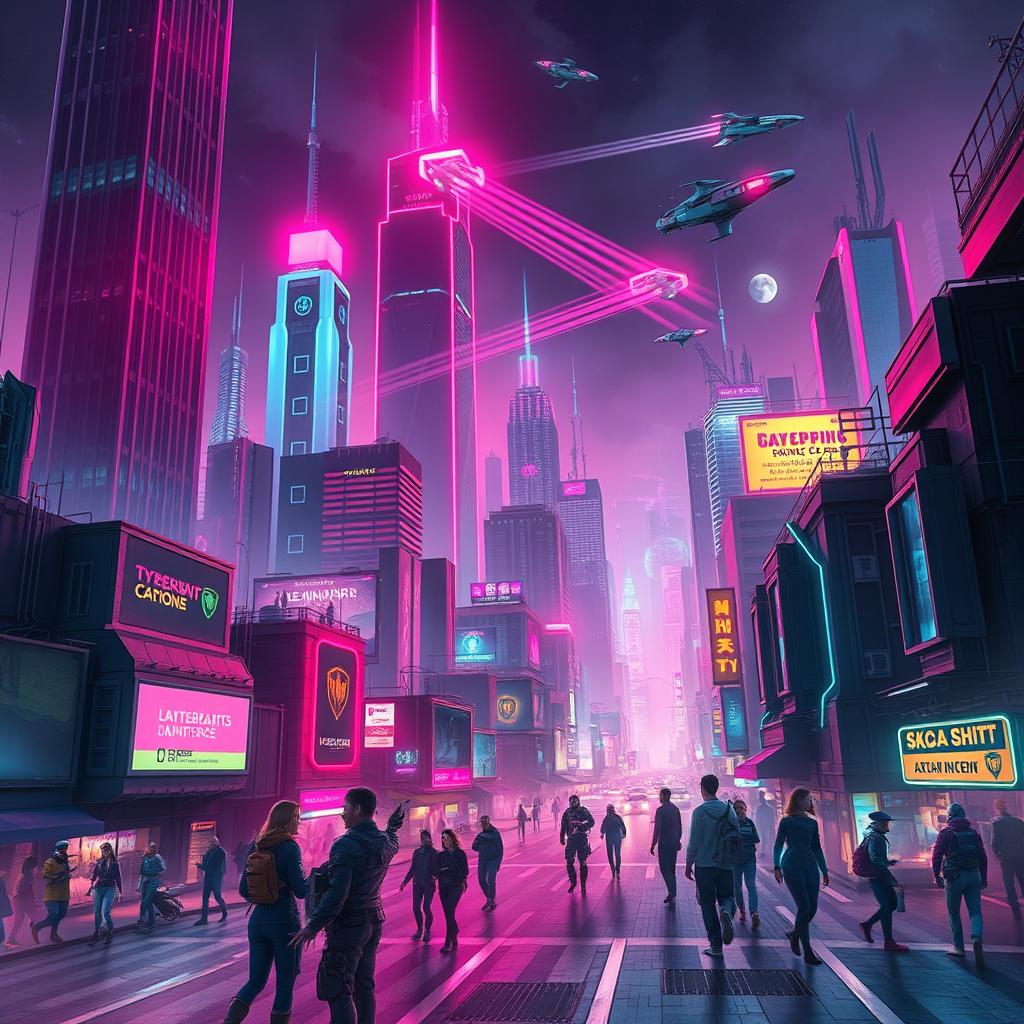 A striking book cover design featuring a detailed cyberpunk cityscape at night, illuminated by neon lights in vibrant hues of pink, blue, and green