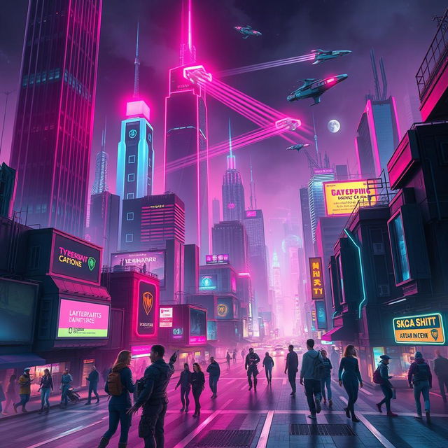 A striking book cover design featuring a detailed cyberpunk cityscape at night, illuminated by neon lights in vibrant hues of pink, blue, and green