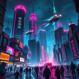 A striking book cover design featuring a detailed cyberpunk cityscape at night, illuminated by neon lights in vibrant hues of pink, blue, and green