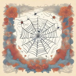 An illustration of high artistic quality, vibrant and full of life, showcasing a group of spiders skillfully weaving intricate webs