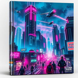 A striking book cover design featuring a detailed cyberpunk cityscape at night, illuminated by neon lights in vibrant hues of pink, blue, and green