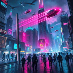 A striking book cover design featuring a detailed cyberpunk cityscape at night, illuminated by neon lights in vibrant hues of pink, blue, and green