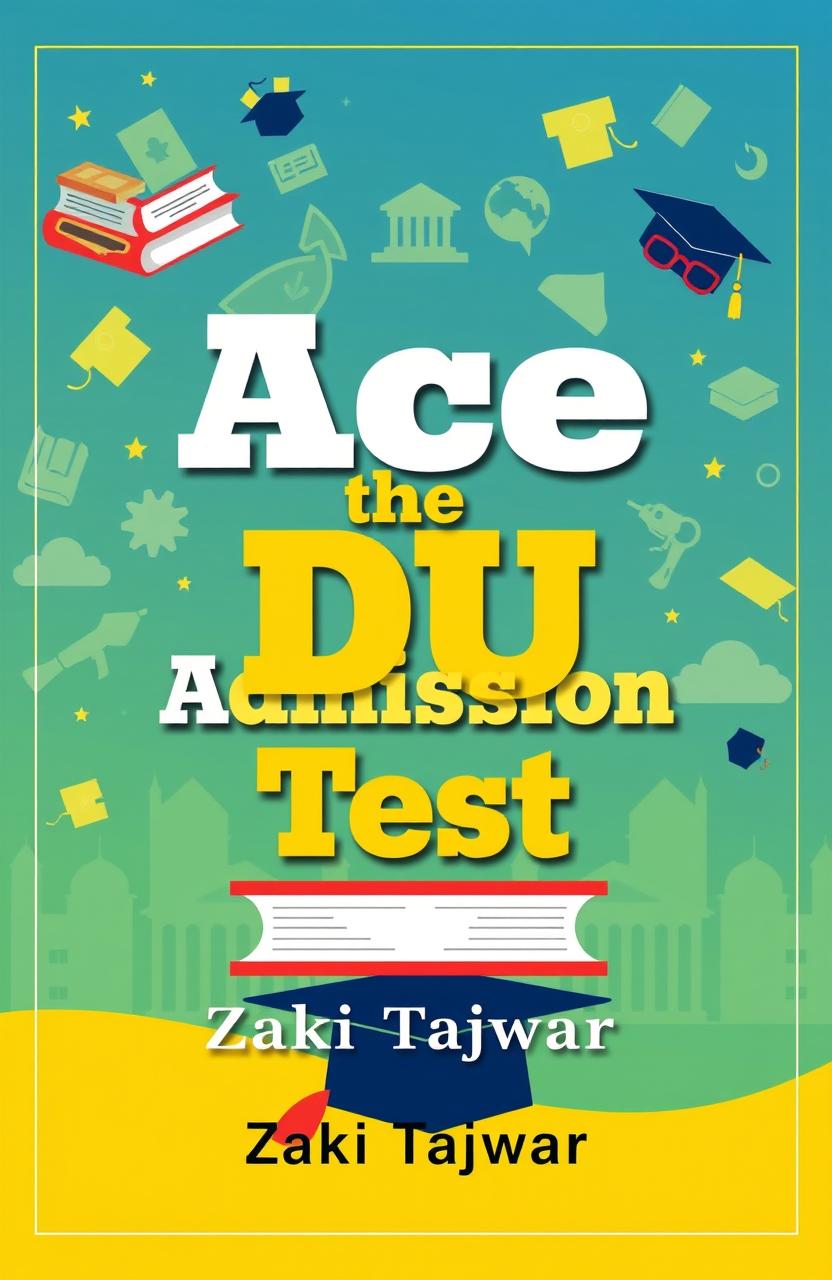 A vibrant and engaging book cover design for 'Ace the DU Admission Test' by Zaki Tajwar